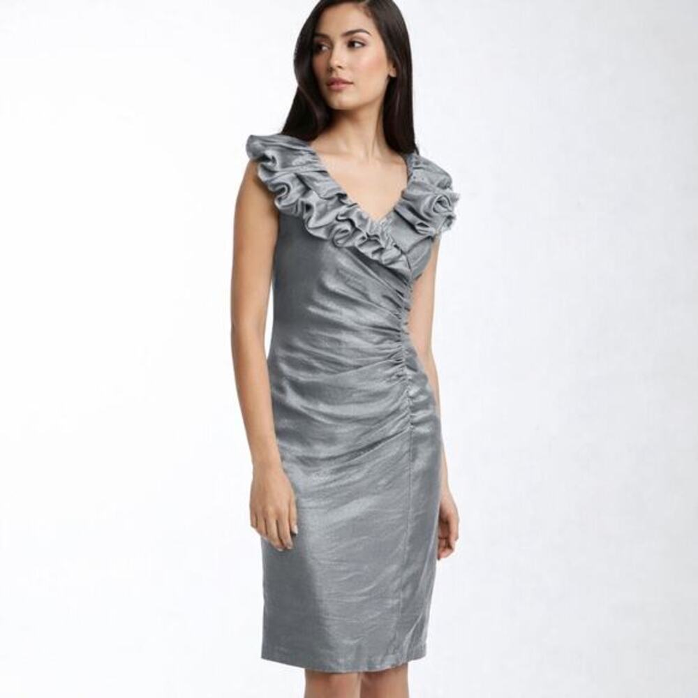 Adrianna Papell‎ Silver Iridescent Ruffle Portrait Neck Evening Cocktail Dress 4